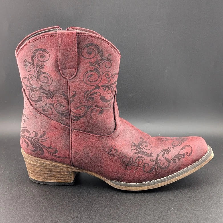 Roper Size 10 Short Stuff Embroidery Snip Toe Cowboy Booties Womens Casual Boot SoleComfort.shoes