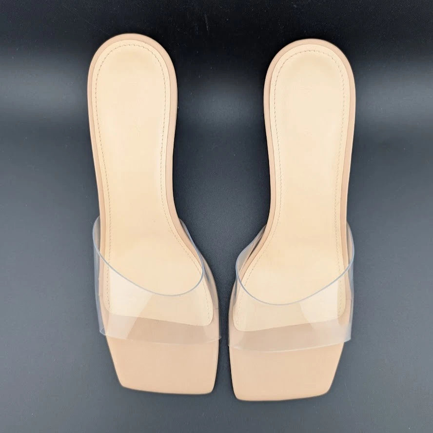 Women Size 7.5 Square Open Toe Low Kitten Heel Sandals Slip On Mule Slide SoleComfort.shoes