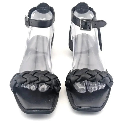 Time And Tru Womens Black Open Toe Braided Ankle Strap Square Toe Sandals Size 8 - SoleComfort.shoes