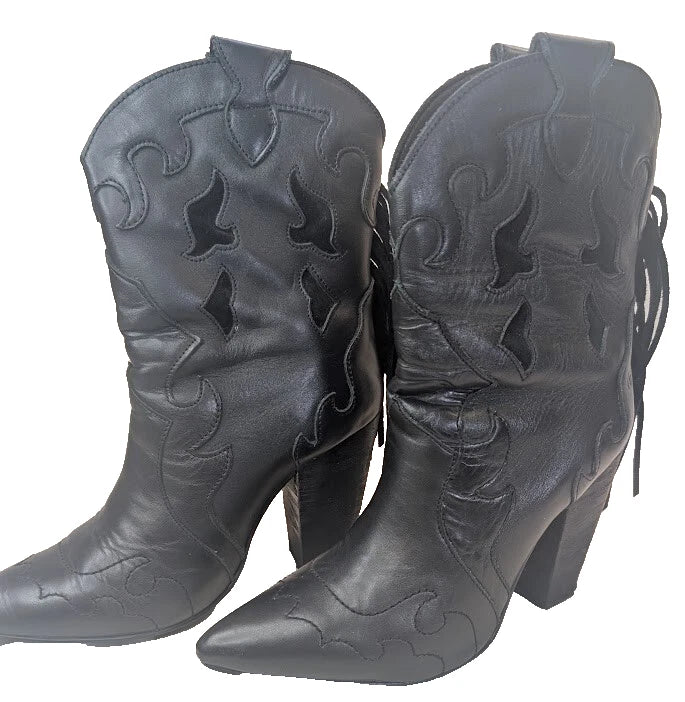 Dingo Black Leather Lady’s Night Pointed Toe Mid Calf Fringe Boots US sz 11M