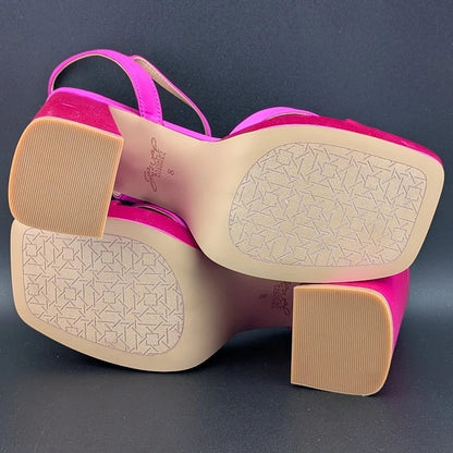 NEW | Jewel Badgley Mischka Sz 8 Rainbow Chunky Platforms Pink Satin JW4628 SoleComfort.shoes