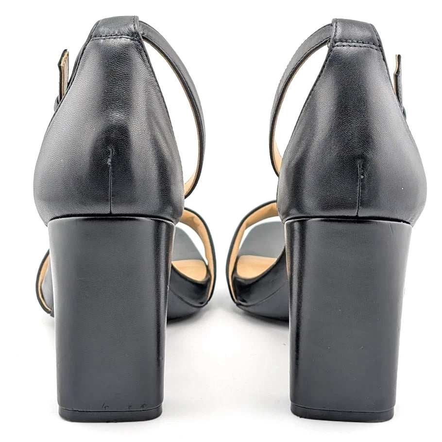 Naturalizer Women's Size 9.5W Joy Black Leather Sandals with 4" Chunky Heels SoleComfort.shoes