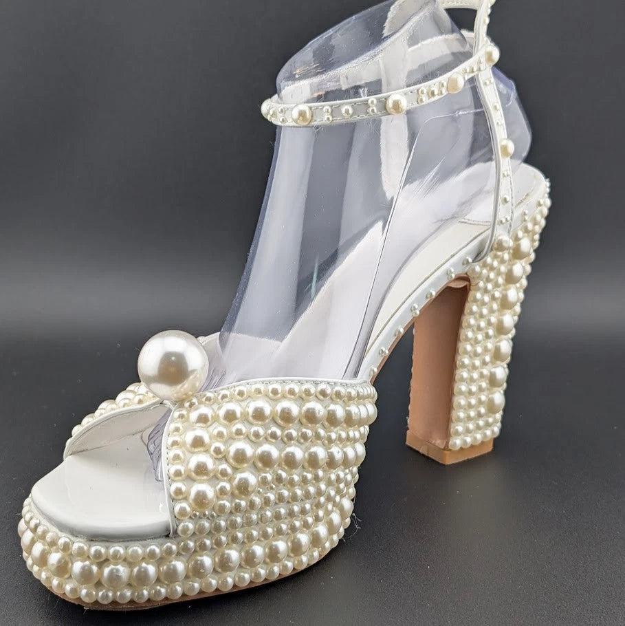 Womens EU 40 Open Toe Pearl Platform Heels Chunky Buckle Ankle (US 9-9.5) SoleComfort.shoes