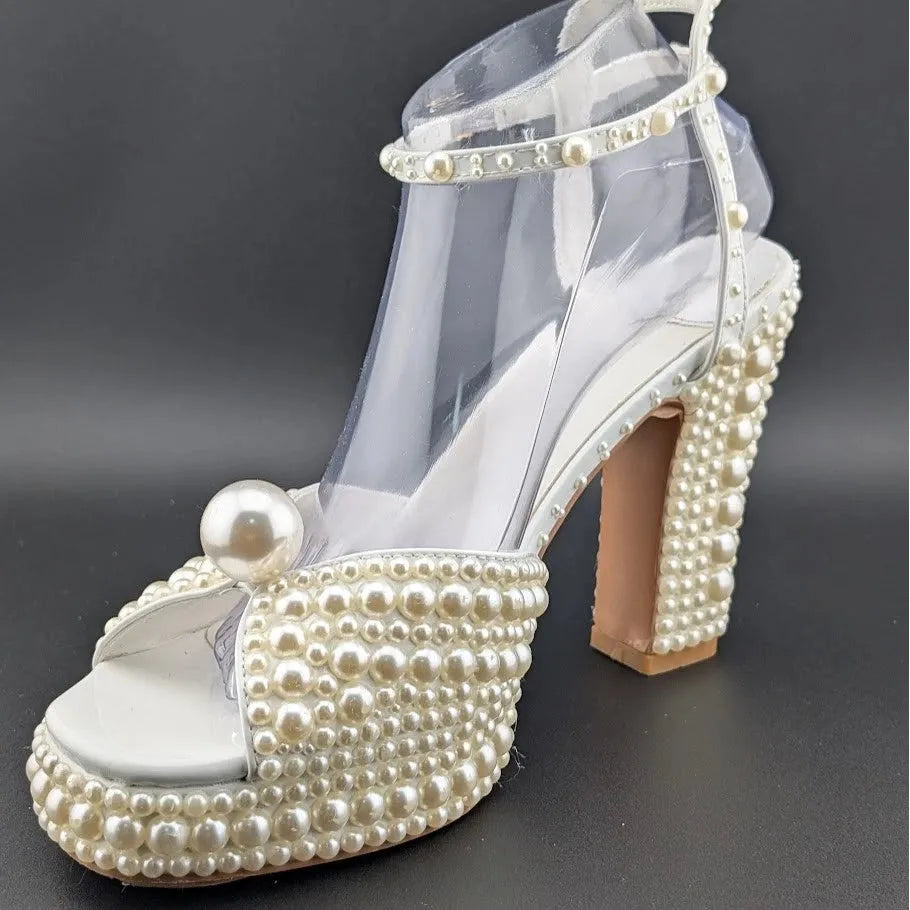 Womens EU 40 Open Toe Pearl Platform Heels Chunky Buckle Ankle (US 9-9.5) SoleComfort.shoes