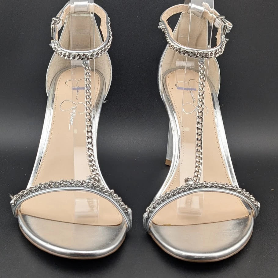 Jessica Simpson Size 9. 5 Qiven Faux Leather 4-in Heels T-Strap Chain Silver NEW SoleComfort.shoes