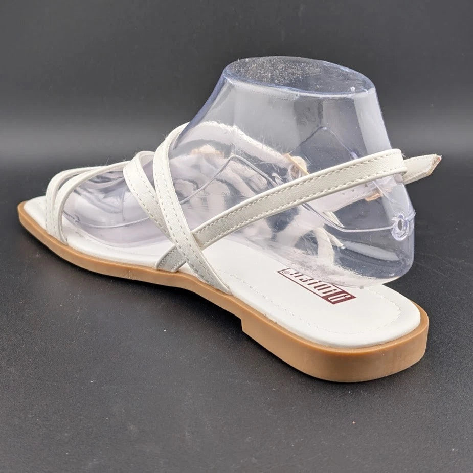 Women's Size 8 Square Toe Strappy Ankle Buckle Flat Sandals White SoleComfort.shoes