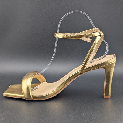 Modatope Size 9.5 Gold Shoes Square Open Toe Open Heels Ankle Strap Sexy Party SoleComfort.shoes