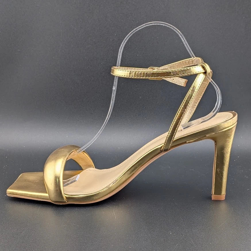 Modatope Size 9.5 Gold Shoes Square Open Toe Open Heels Ankle Strap Sexy Party SoleComfort.shoes