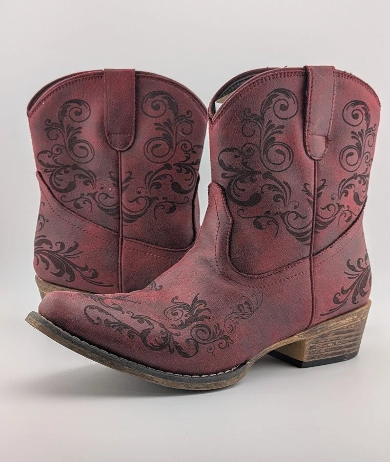Roper Size 10 Short Stuff Embroidery Snip Toe Cowboy Booties Womens Casual Boot SoleComfort.shoes