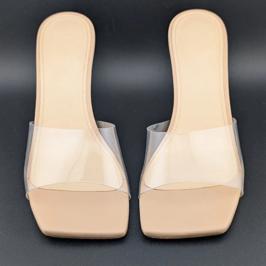 Women Size 7.5 Square Open Toe Low Kitten Heel Sandals Slip On Mule Slide SoleComfort.shoes