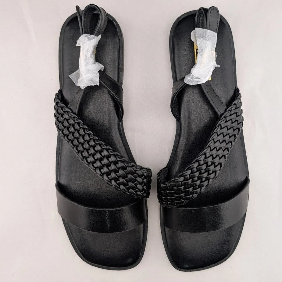 Women's Size 7.5 Black Open Toe Braided Ankle Strap Summer Sandals SoleComfort.shoes