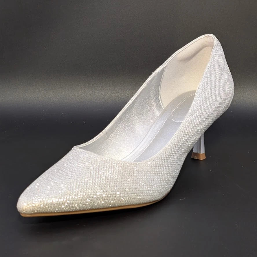 mysoft Womens Size 9 Silver Glitter Pumps 2” Kitten Heel Pointed Toe Dress Shoes SoleComfort.shoes