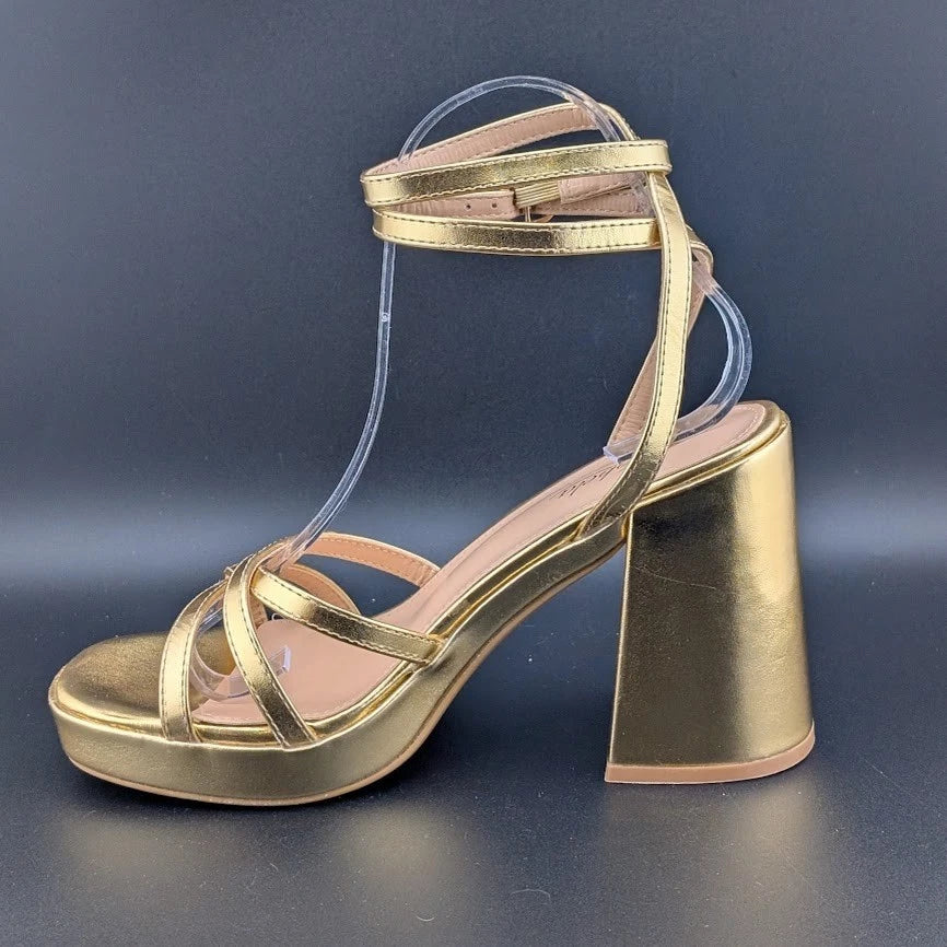 Gufobela Women's Size 7 Gold Hi Strappy Platform 4" Chunky Heel Open Toe Sandals Unbranded