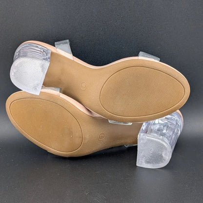 Women's Size 7 Clear Heeled Sandals Ankle Strap Block Chunky Heel Open Toe SoleComfort.shoes
