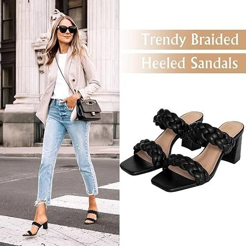 Women's Sz 7.5 Braided Heeled Sandals Strappy Square Toe Backless Mules Slip On SoleComfort.shoes