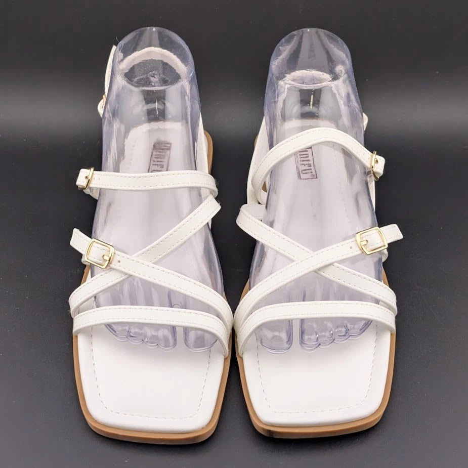 Women's Size 8 Square Toe Strappy Ankle Buckle Flat Sandals White SoleComfort.shoes