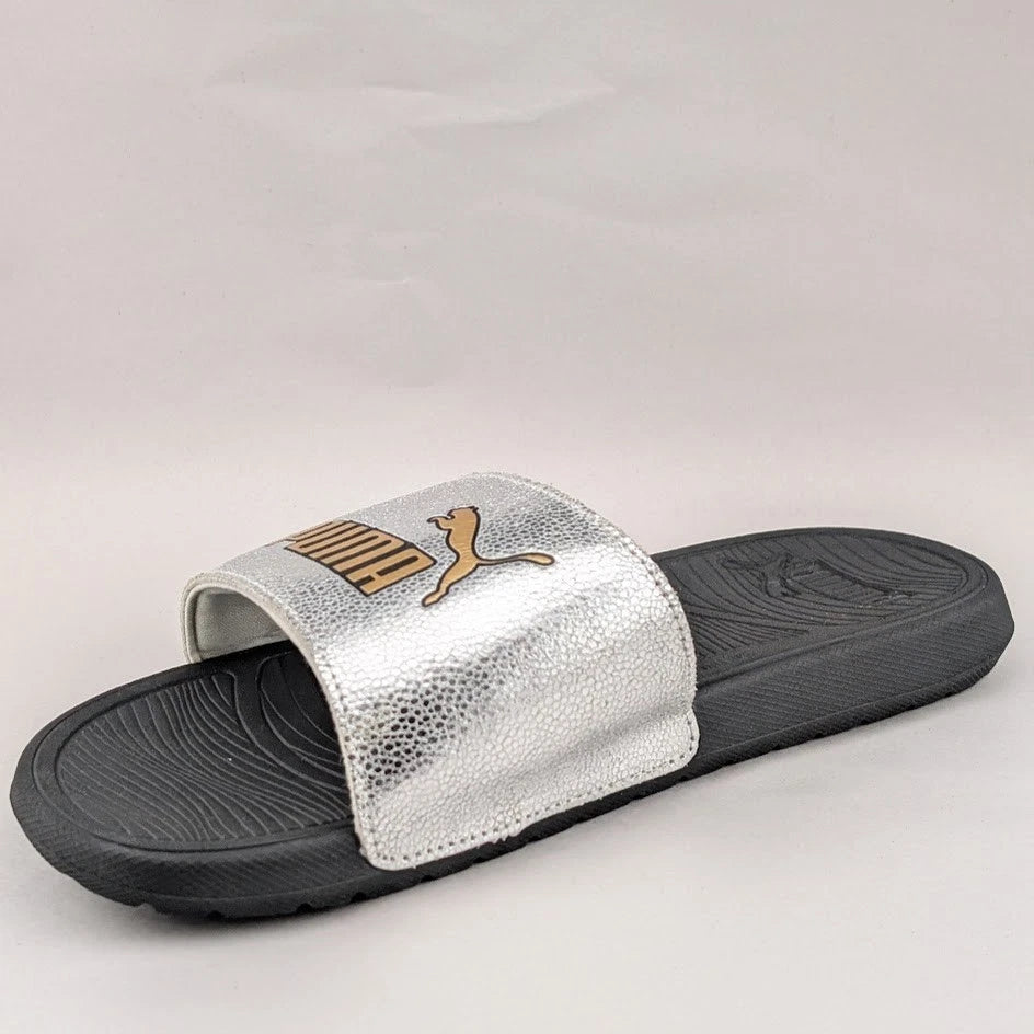 Puma Size Cool Cat 2.0 Silver & Gold Logo Soft Slides Men’s Slip-On Sandals Puma