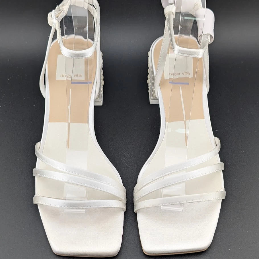 Dolce Vita Women's Sz 6 Ysabel Pearl 2.4" Chunk Heeled Sandal True White Satin SoleComfort.shoes