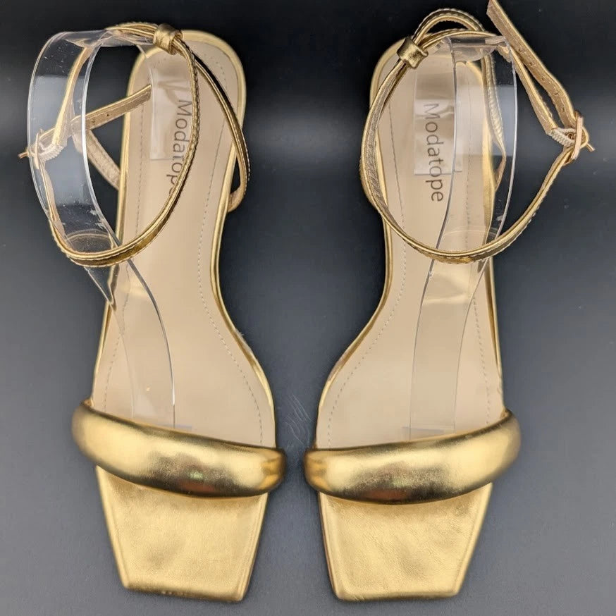 Modatope Size 9.5 Gold Shoes Square Open Toe Open Heels Ankle Strap Sexy Party SoleComfort.shoes