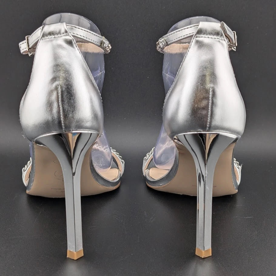 Jessica Simpson Size 9. 5 Qiven Faux Leather 4-in Heels T-Strap Chain Silver NEW SoleComfort.shoes