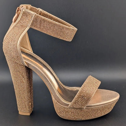 ShoeLand Womens Sz 9 Bronze Rhinestone Platform Sandal Chunky Block 5" Heel Sexy SoleComfort.shoes