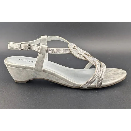 London Fog Women's Macey Demi-Wedge Rhinestone Sandals Silver Size 8 New In Box SoleComfort.shoes