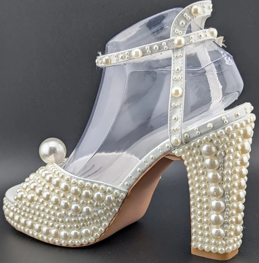 Womens EU 40 Open Toe Pearl Platform Heels Chunky Buckle Ankle (US 9-9.5) SoleComfort.shoes