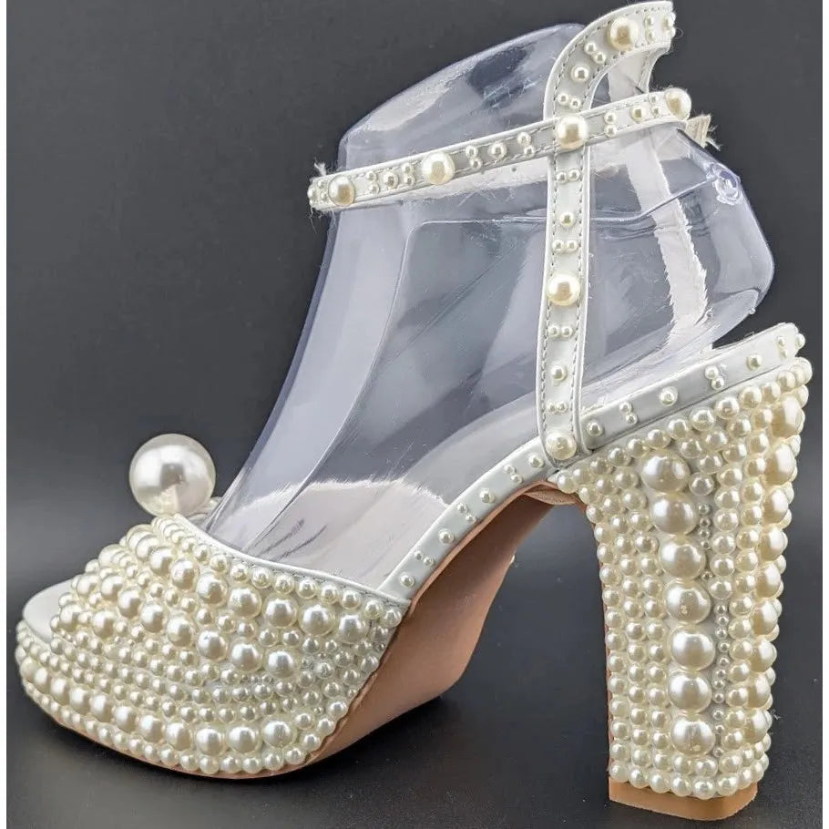Womens EU 40 Open Toe Pearl Platform Heels Chunky Buckle Ankle (US 9-9.5) SoleComfort.shoes