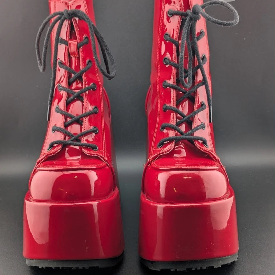 Red Patent Platform Boots Festival Rave Burning Man Gogo Dancer Shoes Demonia SoleComfort.shoes