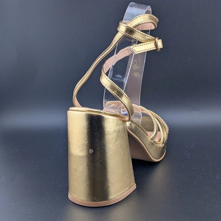 Gufobela Women's Size 7 Gold Hi Strappy Platform 4" Chunky Heel Open Toe Sandals Unbranded