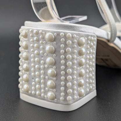 Dolce Vita Women's Sz 6 Ysabel Pearl 2.4" Chunk Heeled Sandal True White Satin SoleComfort.shoes