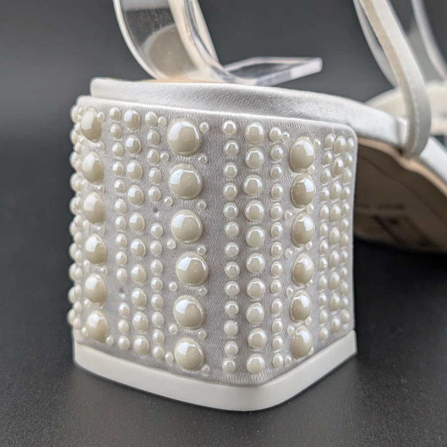 Dolce Vita Women's Sz 6 Ysabel Pearl 2.4" Chunk Heeled Sandal True White Satin SoleComfort.shoes