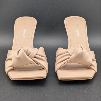MARC FISHER DALIOT Beige/Tan Square Toe Mule Heeled Sandals with Knot Super Soft SoleComfort.shoes