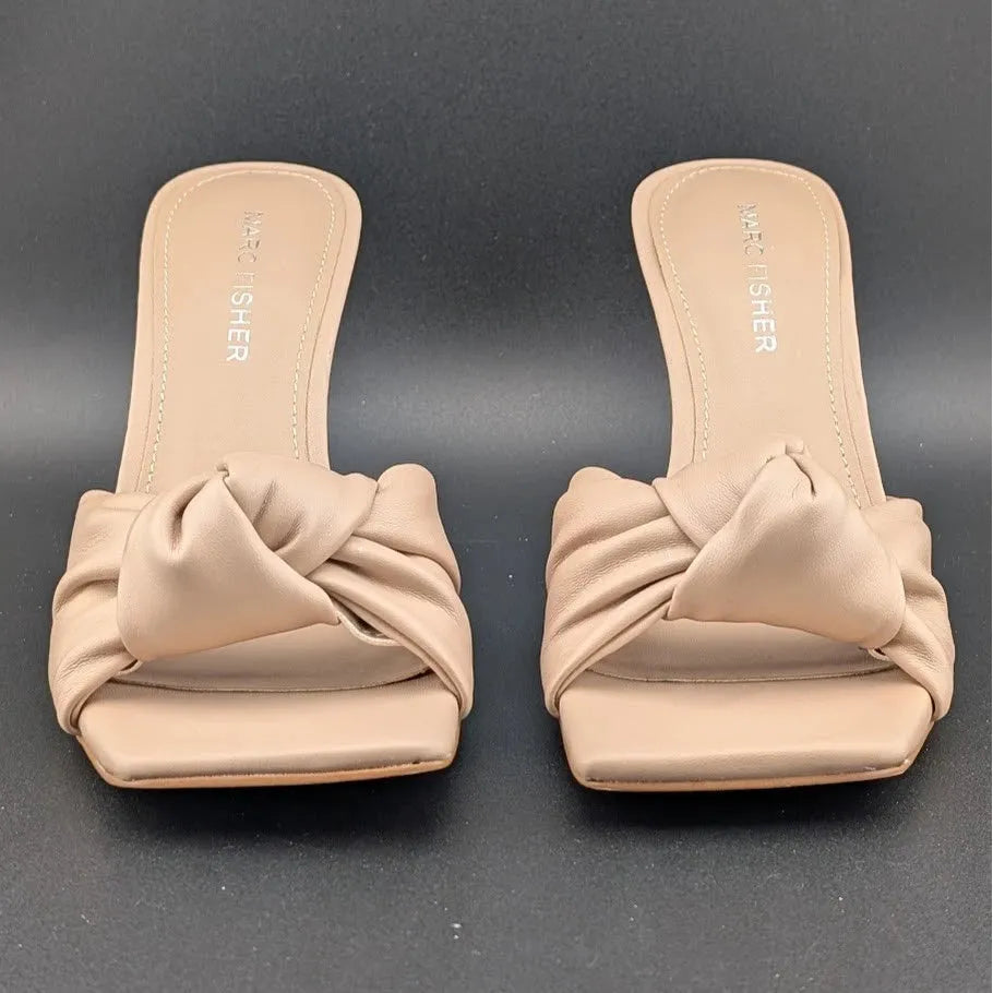 MARC FISHER DALIOT Beige/Tan Square Toe Mule Heeled Sandals with Knot Super Soft SoleComfort.shoes