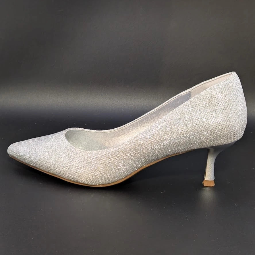 mysoft Womens Size 9 Silver Glitter Pumps 2” Kitten Heel Pointed Toe Dress Shoes SoleComfort.shoes