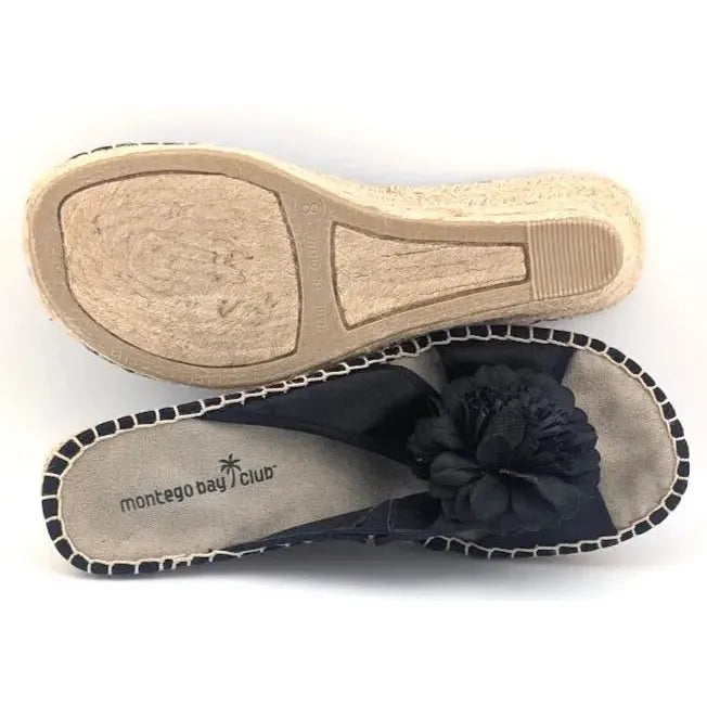 Montego Bay Club Black Fabric Flower Espadrille Wedge Sandal US size 8M - SoleComfort.shoes