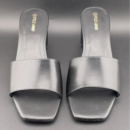 PIZZ ANNU Women's Size 9 Wide Chunky Block Heels Slip-on Mule Heels, Black SoleComfort.shoes