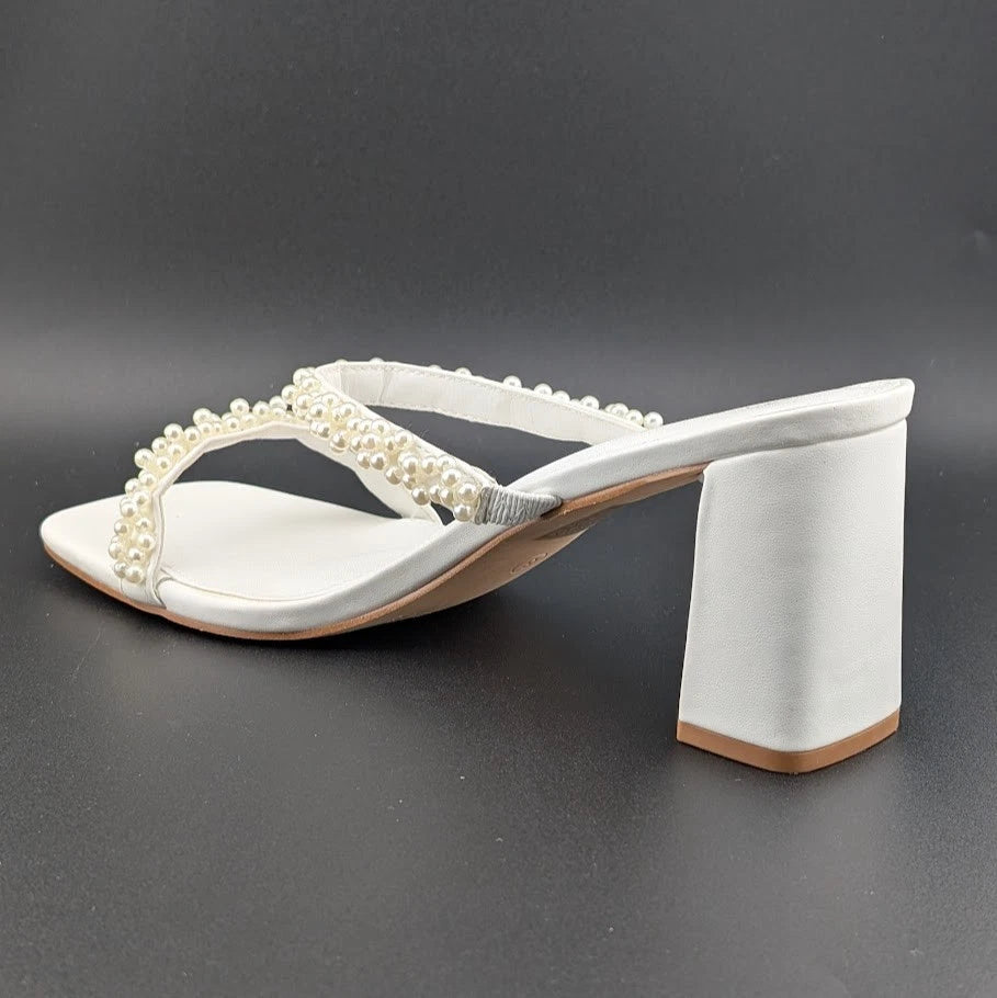 Womens Sz 8 Pearl Sandals Low Square Open Toe Block Chunky Heels Slip On Slides Avidirk