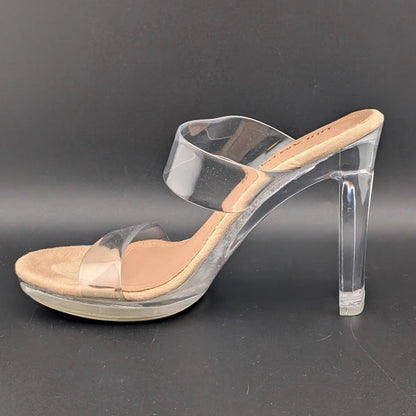 Women Clear Two Strap Open Toe High Block Chunky Slip On Dress Heel Sandals SoleComfort.shoes