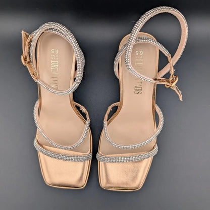 Women's Size 6.5 Bronze Metallic Platform Strappy 4" Block Heels w/ Rhinestones SoleComfort.shoes