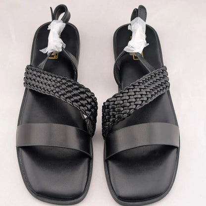 Women's Size 7.5 Black Open Toe Braided Ankle Strap Summer Sandals SoleComfort.shoes