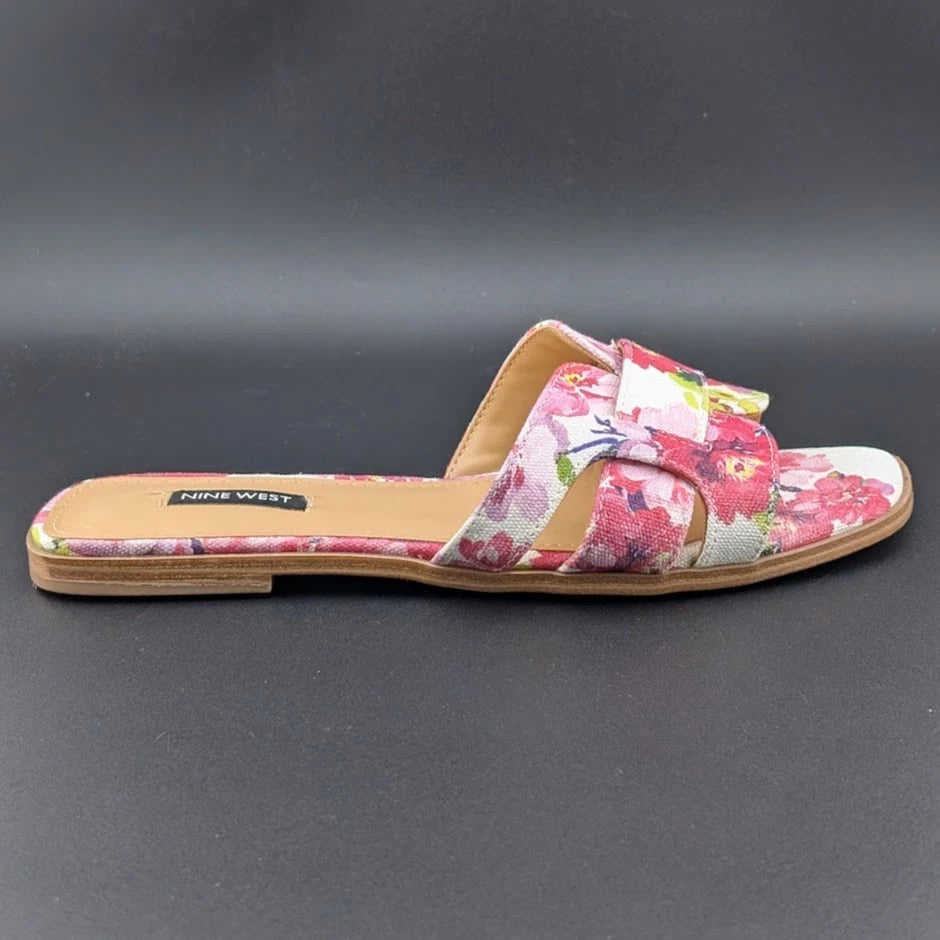 Nine West Size 9 Germani Light Natural Flat Slide Sandals Floral SoleComfort.shoes