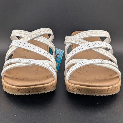 Skechers Cali Size US 11 Luxe Foam Tan White Cork Wedge Heel Sandals 31714/WHT SoleComfort.shoes
