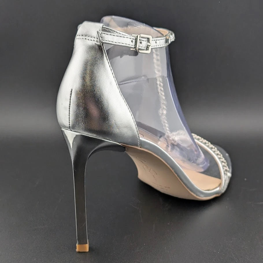Jessica Simpson Size 9. 5 Qiven Faux Leather 4-in Heels T-Strap Chain Silver NEW SoleComfort.shoes