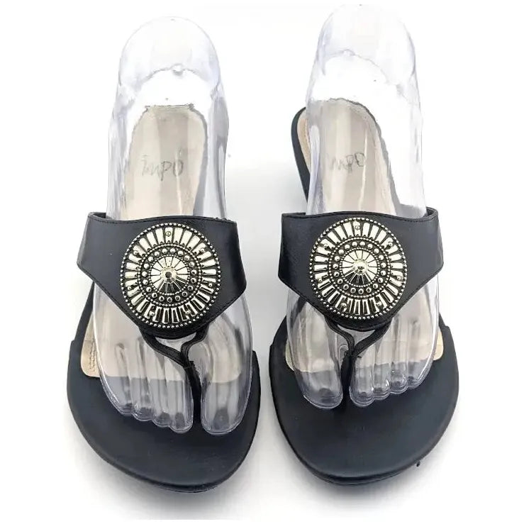 Pre-owned Impo Women Sandals Black with Sun Medallion Size 7.5 - SoleComfort.shoes