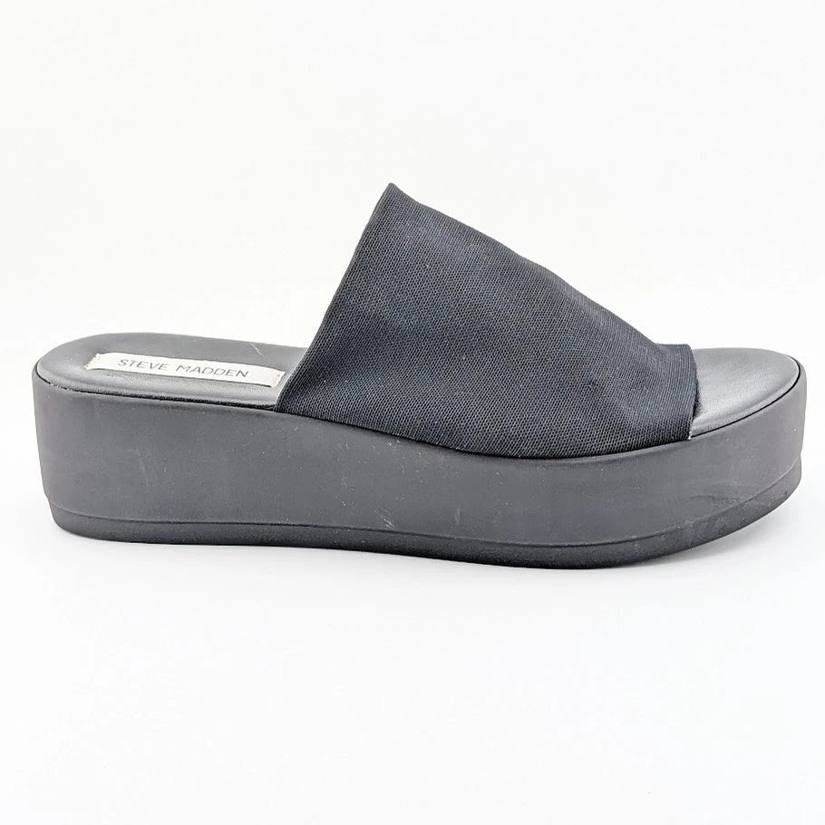 Steve Madden Size 9 Black Slinky Stretchy Platform Chunky Slide Sandals-Made In Italy SoleComfort.shoes