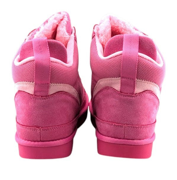 SoleComfort.shoes pink high top sneaker booties with faux fur lining and back view of the rubber outsoles