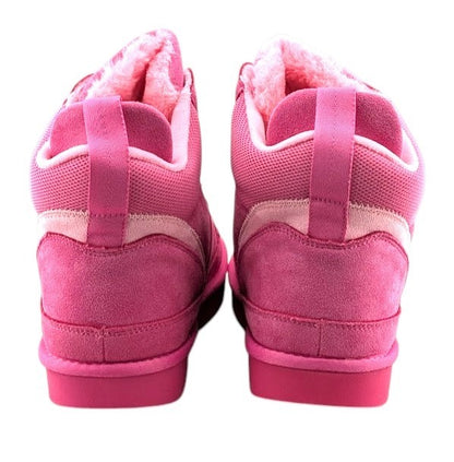 SoleComfort.shoes pink high top sneaker booties with faux fur lining and back view of the rubber outsoles