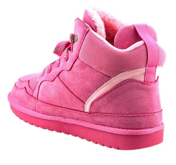 SoleComfort.shoes Melika pink high top sneaker booties with faux fur lining and lace-up closure