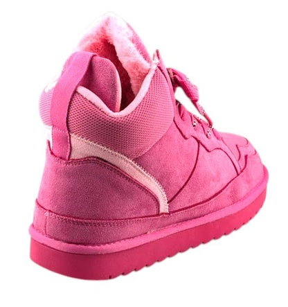 SoleComfort.shoes Melika pink high top sneaker booties with faux fur lining and lace-up closure, back view.